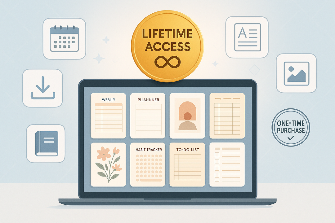 Generate an image that best describe this product, user has bought this onetime and it have lifetime access to all printables
