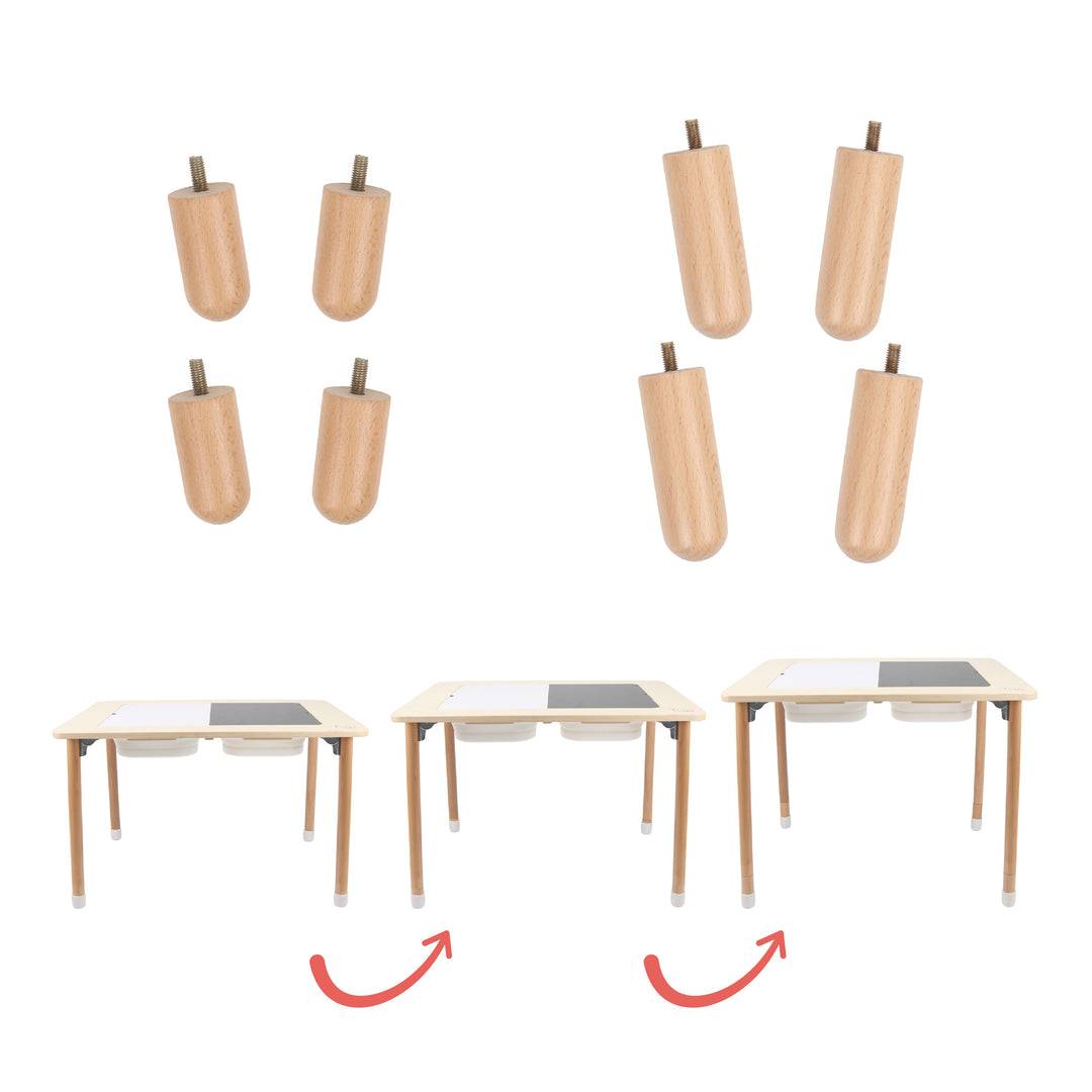 Wooden table leg extenders for 7 Days of Play sensory table showing both short and tall height options next to the play table