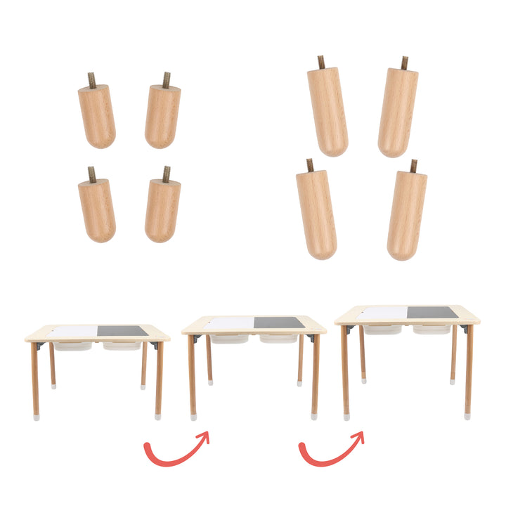 Wooden table leg extenders for 7 Days of Play sensory table showing both short and tall height options next to the play table