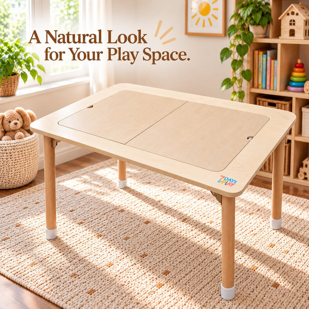 All-wood lids fitted on a 7 Days of Play foldable sensory play table in a sunlit playroom