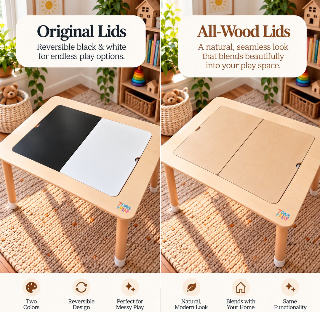 Side by side comparison of the original black and white double-sided lids and the all-wood lids on the sensory table