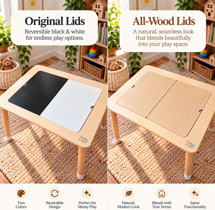 Side by side comparison of the original black and white double-sided lids and the all-wood lids on the sensory table