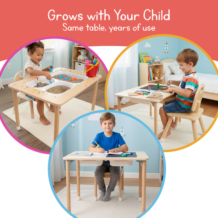 Sensory play table with wooden leg extenders being used by toddlers and older kids for crafts, sensory bins, and learning activities