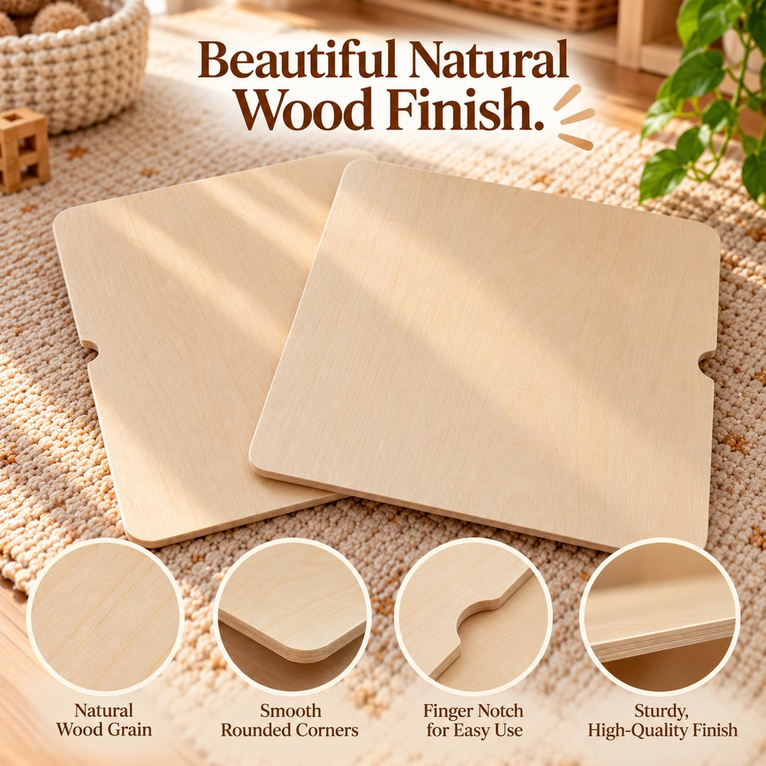 Close up of the natural wood grain, rounded corners, finger notch and sturdy edge on the all-wood sensory table lids