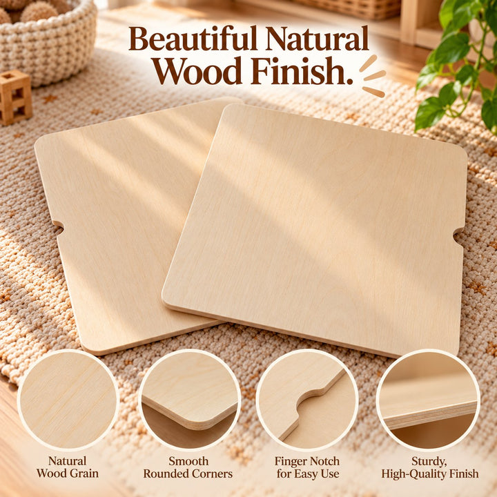 Close up of the natural wood grain, rounded corners, finger notch and sturdy edge on the all-wood sensory table lids
