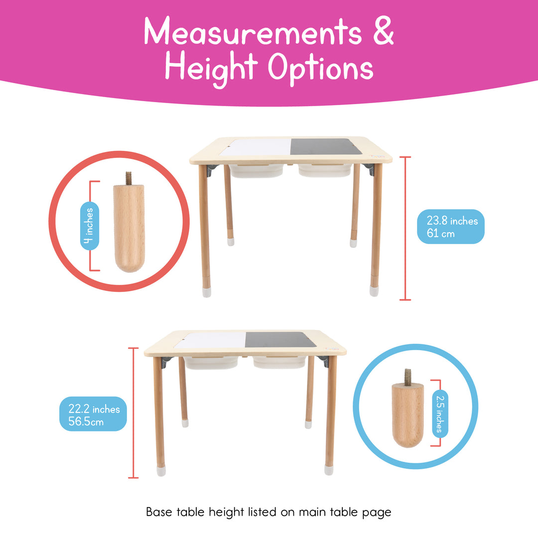 Measurement chart showing 2.5 inch and 4 inch wooden table leg extenders and the total height of the 7 Days of Play sensory table
