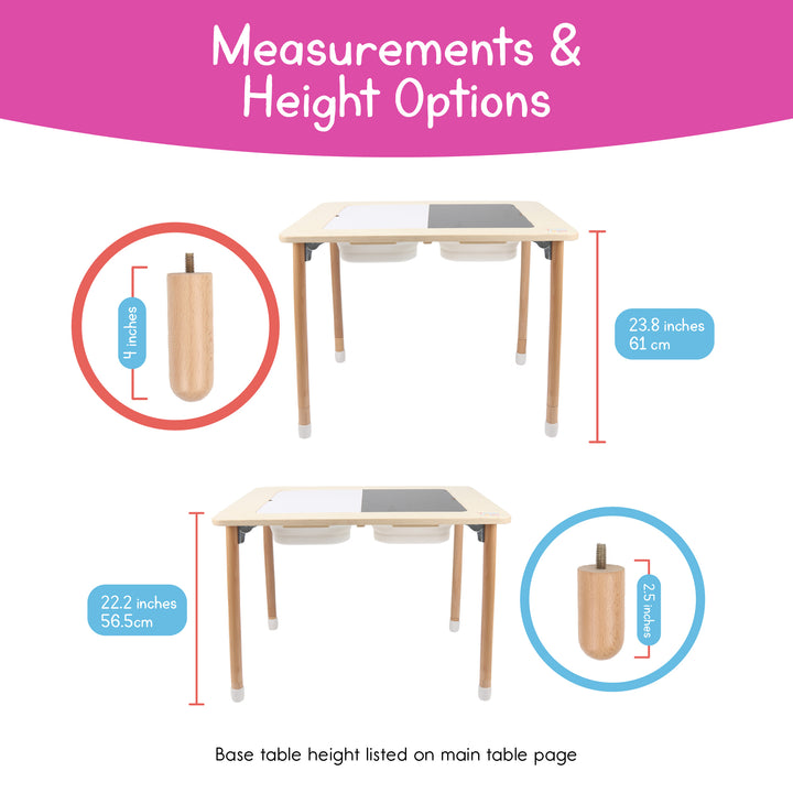 Measurement chart showing 2.5 inch and 4 inch wooden table leg extenders and the total height of the 7 Days of Play sensory table
