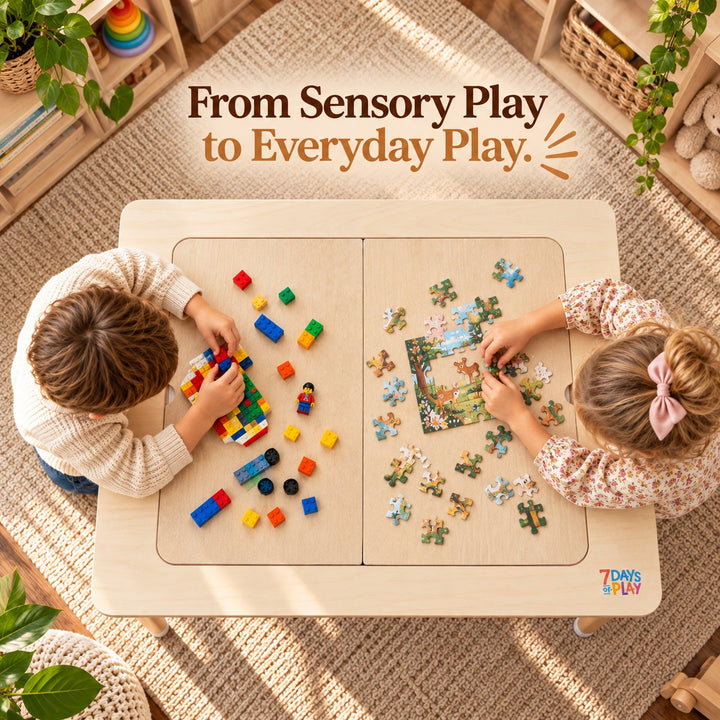 Two children building with blocks and doing a puzzle on the flat all-wood lids covering the sensory table