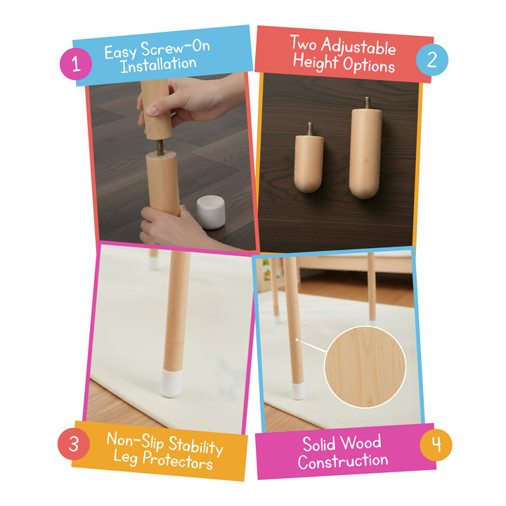 Close up of wooden table leg extenders showing screw on installation, non slip feet, two height options, and solid wood construction