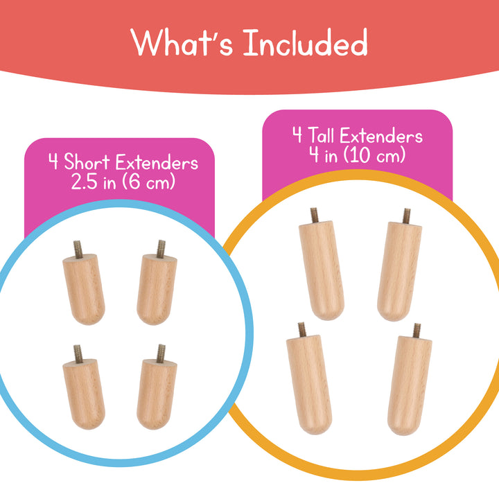 Set of wooden table leg extenders showing four short 2.5 inch extenders and four tall 4 inch extenders for the sensory table