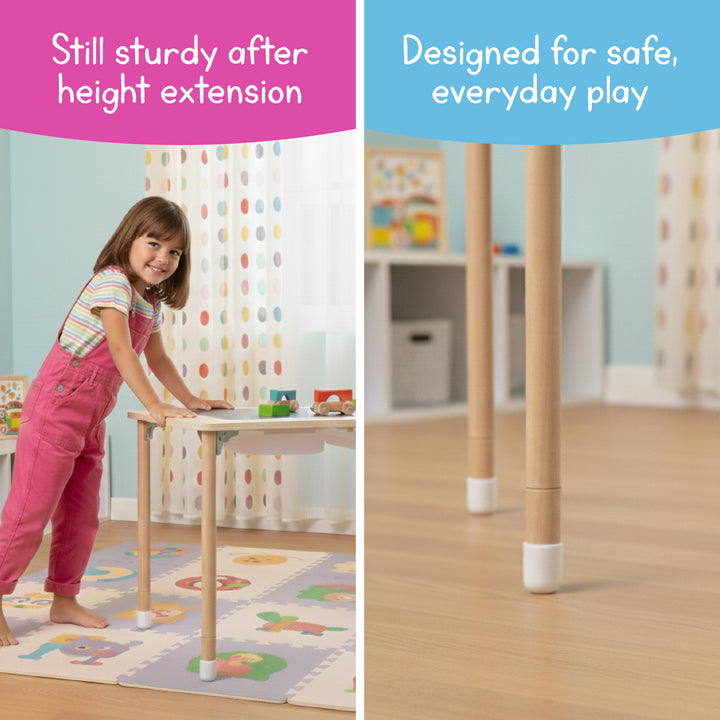 7 Days of Play sensory table with wooden leg extenders showing stable, non slip legs designed for safe everyday play