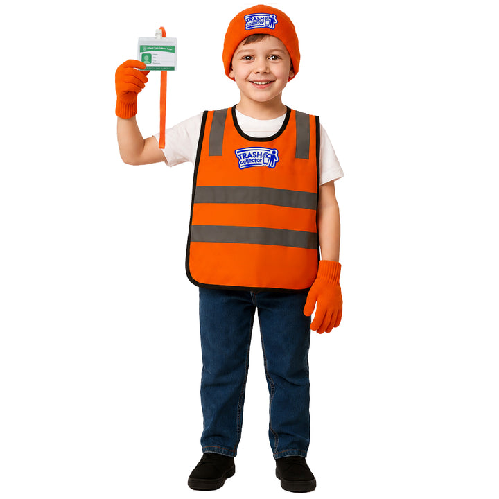Trash Collector Costume – Pretend Play Set for Kids Ages 2–6 Years – Includes Vest, Hat, Gloves & ID Card | Halloween & Christmas Gift for Boys and Girls.