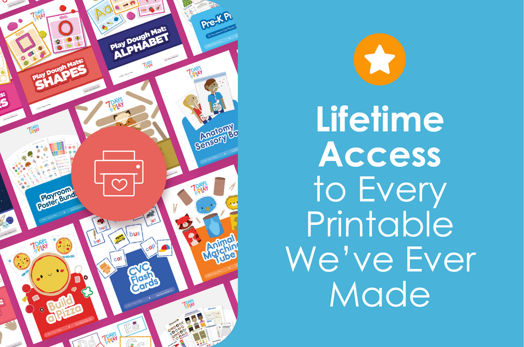 7 Days of Play All Access Pass for kids printables, lifetime access to every educational activity download, including playdough mats, flashcards, and preschool worksheets.