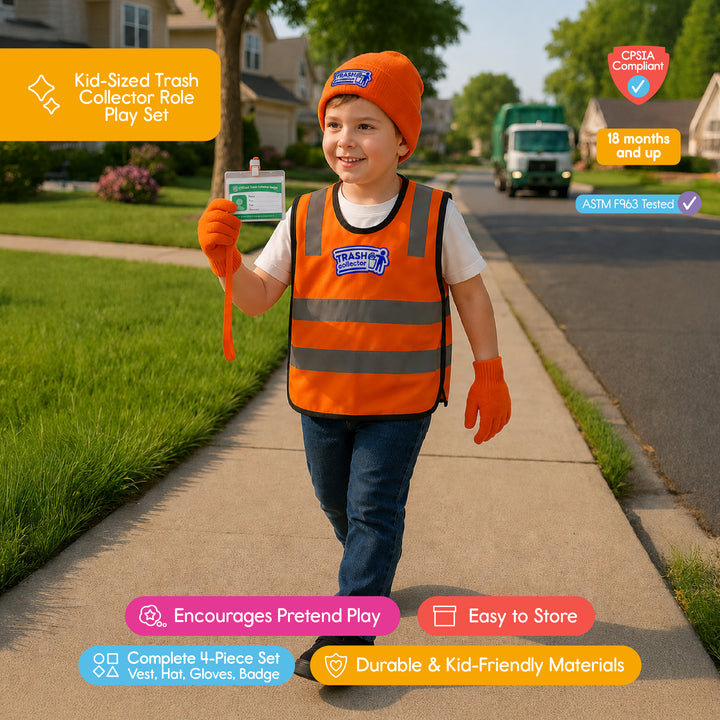 Trash Collector Costume – Pretend Play Set for Kids Ages 2–6 Years – Includes Vest, Hat, Gloves & ID Card | Halloween & Christmas Gift for Boys and Girls.