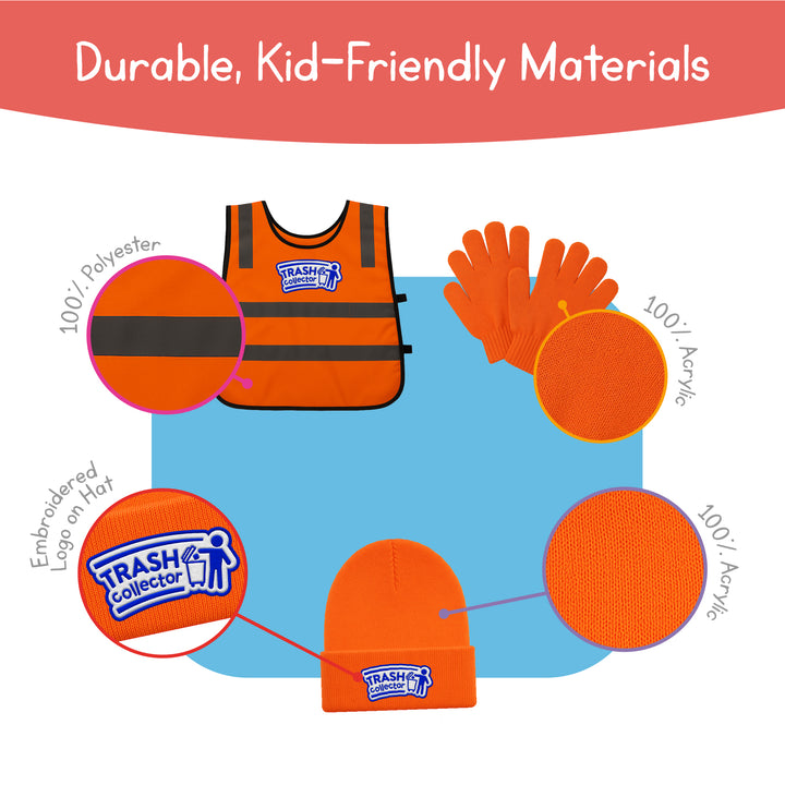 Trash Collector Costume – Pretend Play Set for Kids Ages 2–6 Years – Includes Vest, Hat, Gloves & ID Card | Halloween & Christmas Gift for Boys and Girls.