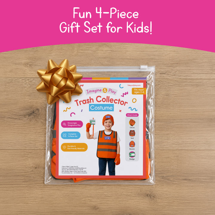Trash Collector Costume – Pretend Play Set for Kids Ages 2–6 Years – Includes Vest, Hat, Gloves & ID Card | Halloween & Christmas Gift for Boys and Girls.