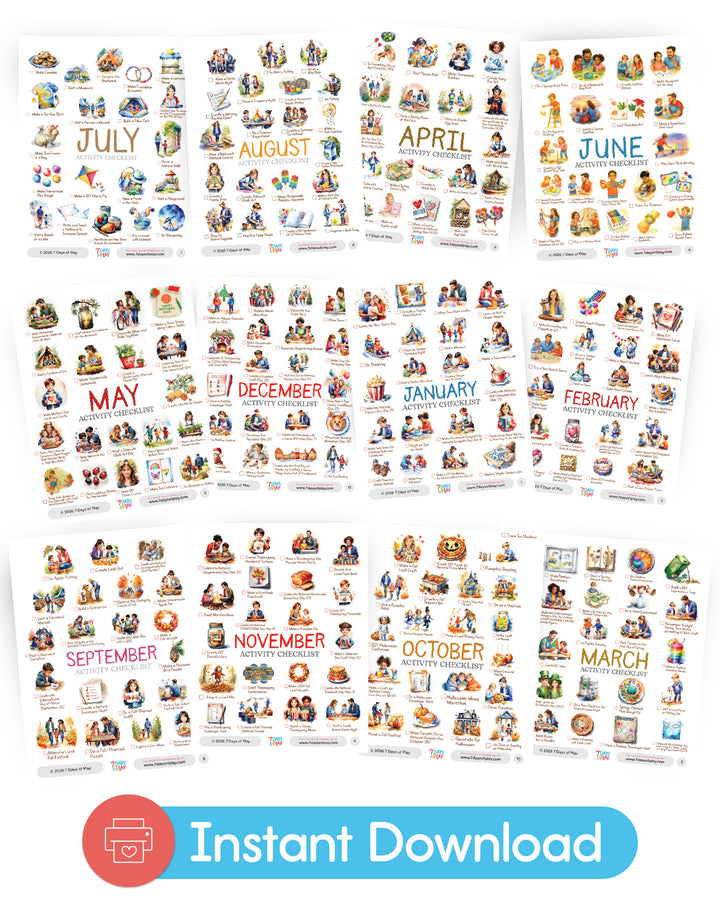 Illustrated calendar with months and activities on a white background, featuring an 'Instant Download' label.