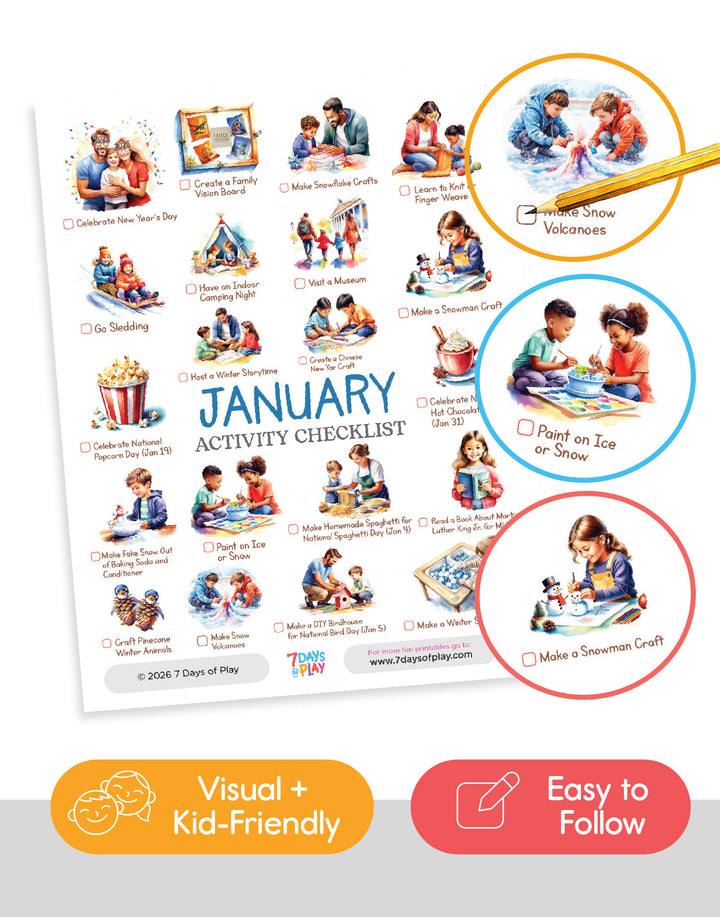 January activity checklist for children with illustrations and checkboxes.