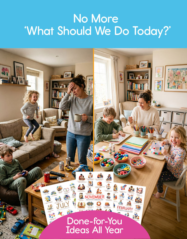 Two scenes showing a woman with children in a living room and at a table with art supplies, accompanied by a calendar. Text suggests done-for-you ideas all year.