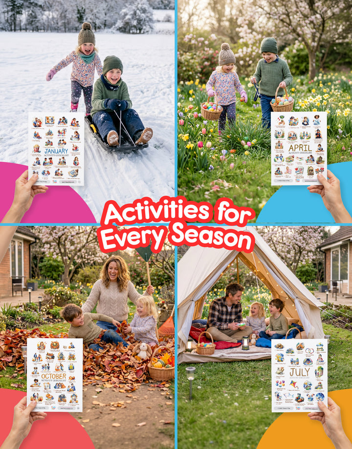 Collage of children engaging in outdoor activities with seasonal posters.