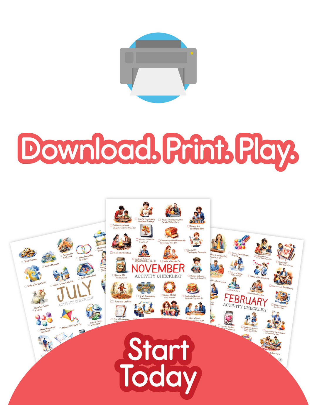 Promotional graphic for downloading, printing, and playing with educational materials.