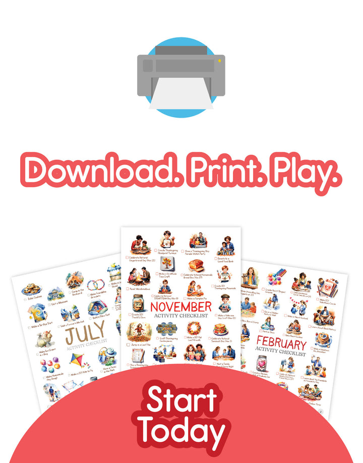 Promotional graphic for downloading, printing, and playing with educational materials.