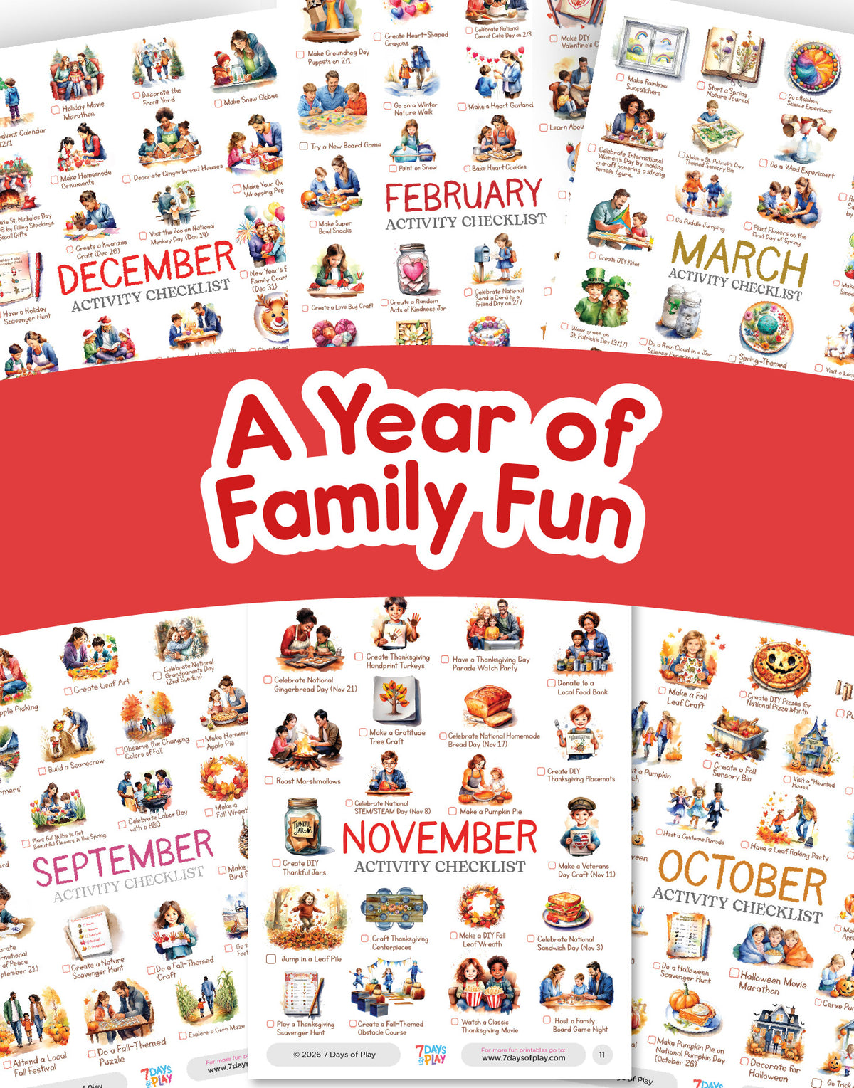 Cover of 'A Year of Family Fun' with monthly activity checklists displayed.