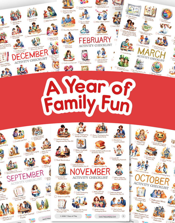 Cover of 'A Year of Family Fun' with monthly activity checklists displayed.