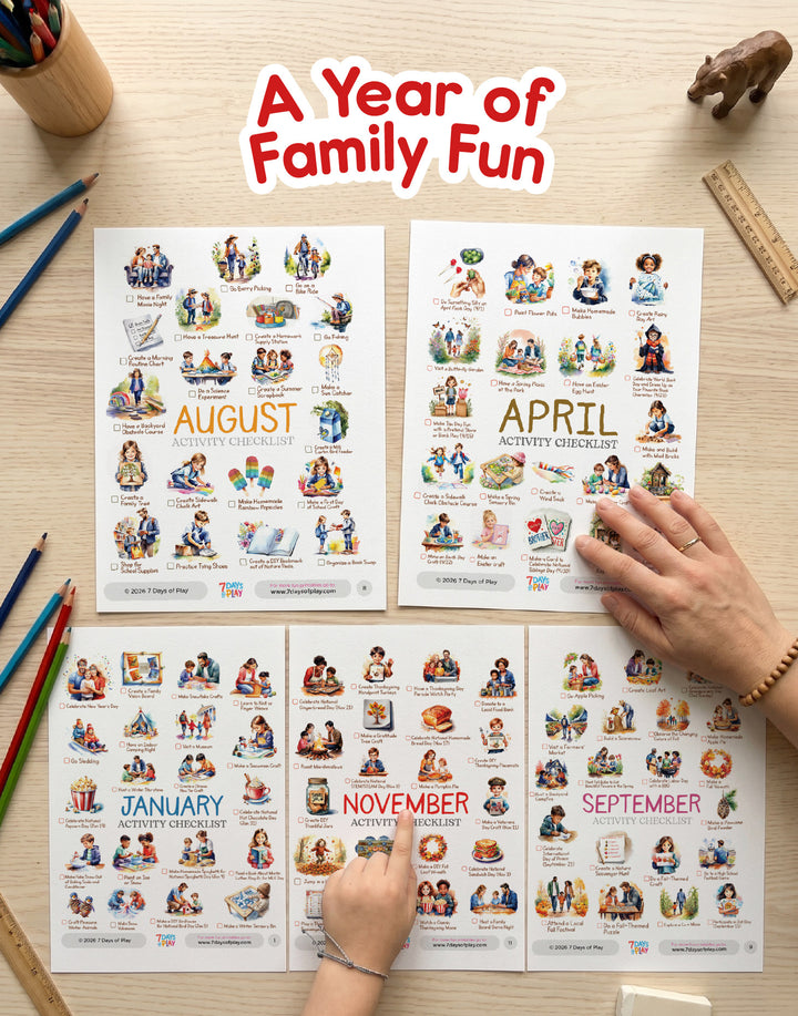 Four seasonal activity calendars on a table with hands interacting with them, titled 'A Year of Family Fun'.
