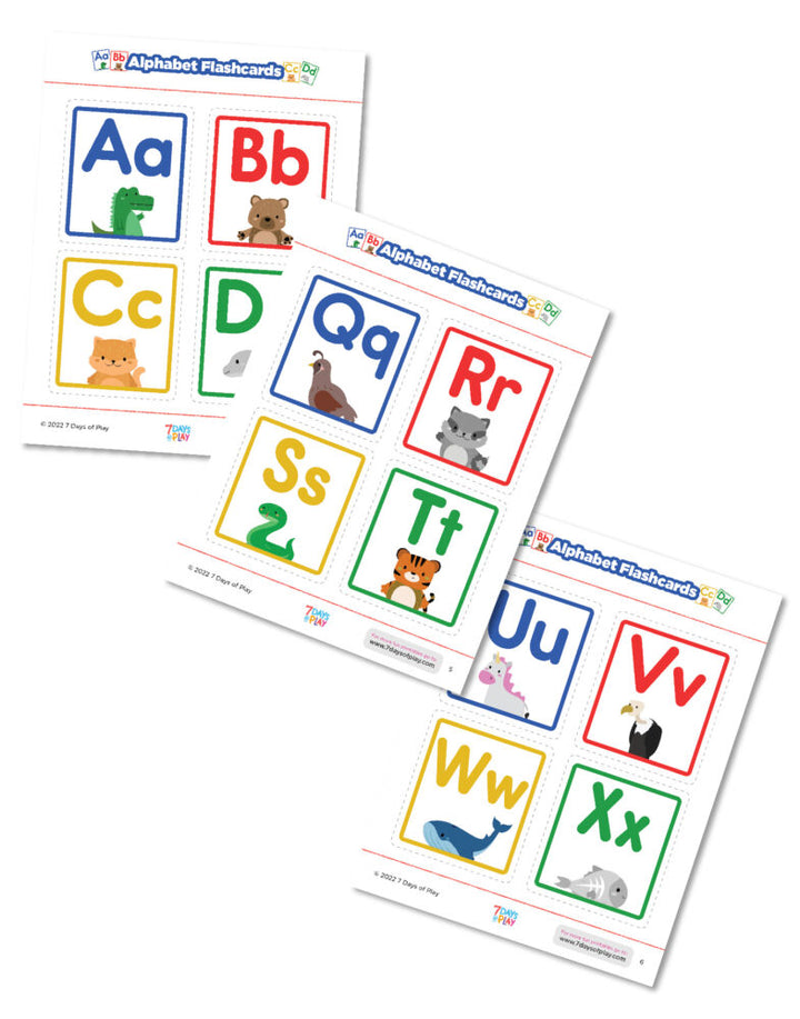 Free printable alphabet flash cards. This set includes both uppercase and lowercase letters on the same card with a fun animal illustration!