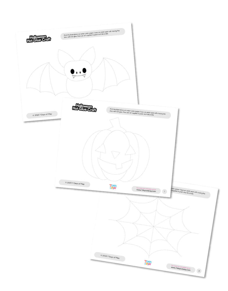 Get Crafty this Halloween with Printable Halloween Crafts! Transform bat, spider web, and pumpkin printables into tactile masterpieces. Use hot glue to trace the lines, creating ridges that guide kids' watercoloring for a spooktacular artistic adventure.