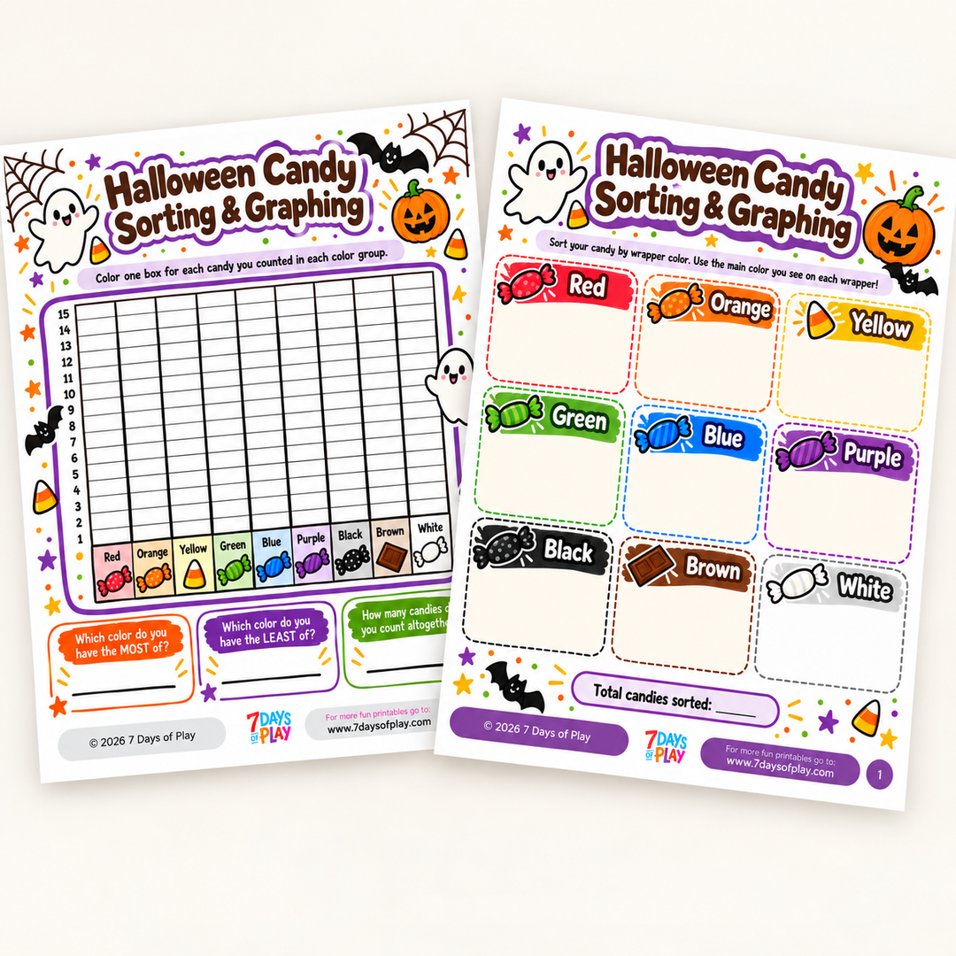 Both printable pages shown flat - a nine color Halloween candy sorting mat and a bar graphing grid with most, least and total questions