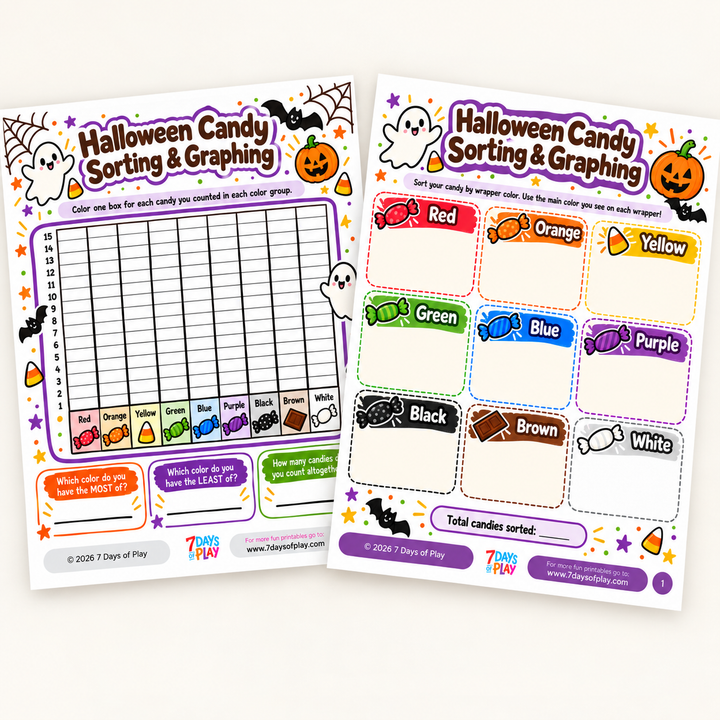 Both printable pages shown flat - a nine color Halloween candy sorting mat and a bar graphing grid with most, least and total questions