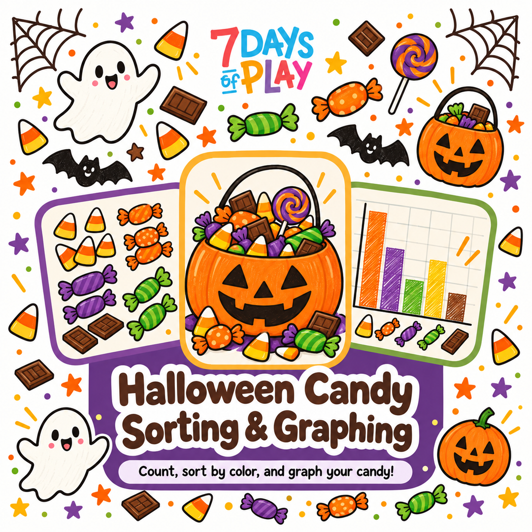Halloween Candy Sorting and Graphing free printable cover with a jack-o-lantern candy bucket, ghosts and a colored bar graph