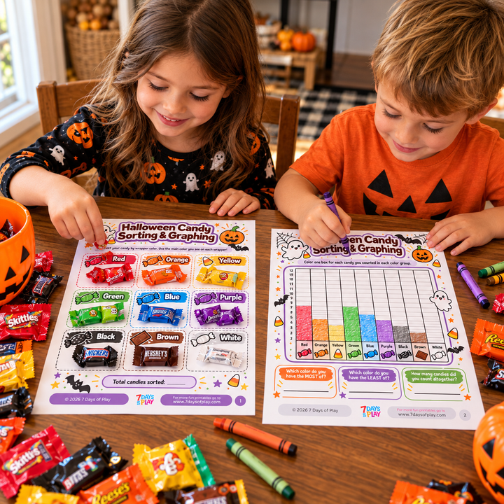 Completed Halloween candy sorting mat and coloured bar graph on a table covered in sorted candy and crayons
