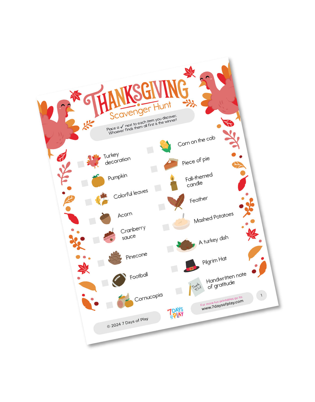 Thanksgiving Scavenger Hunt - Printable