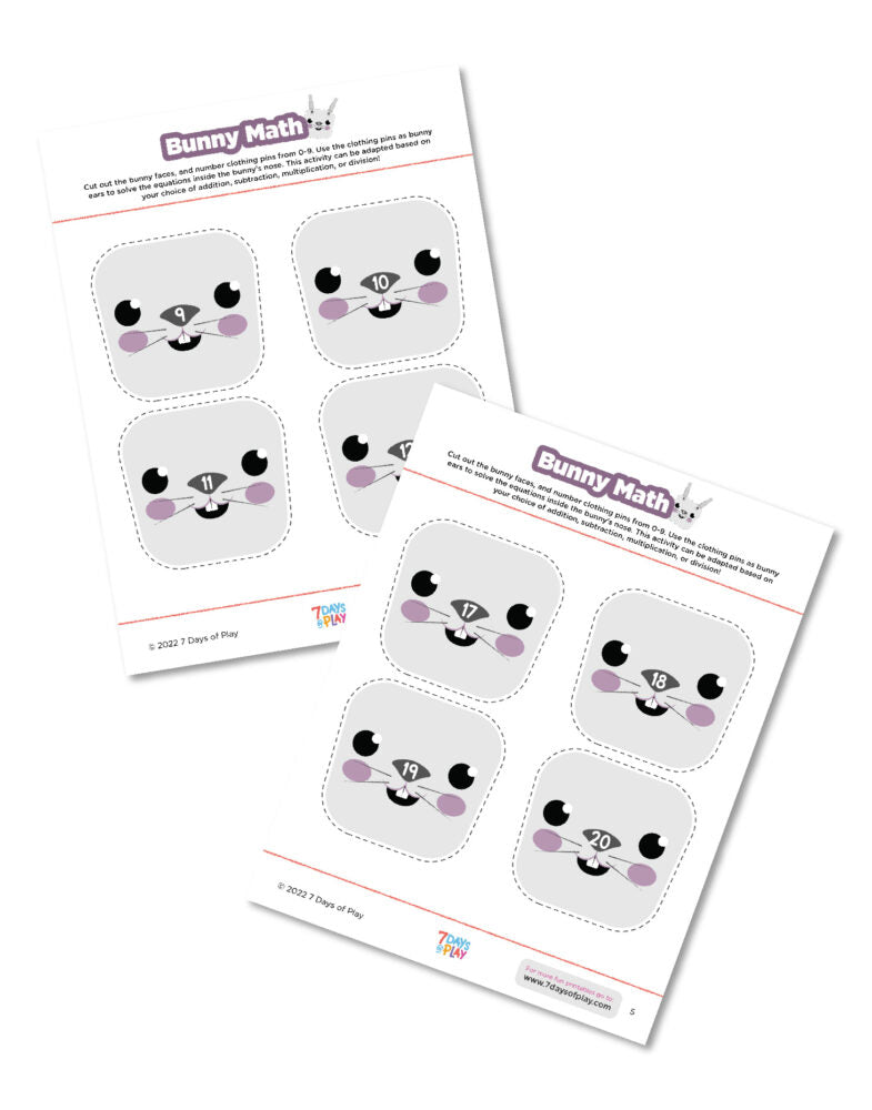 This free printable is a fun, hands on way to do math problems! Use clothing pins as bunny ears to solve the equations whether addition, subtraction, multiplication or division!
