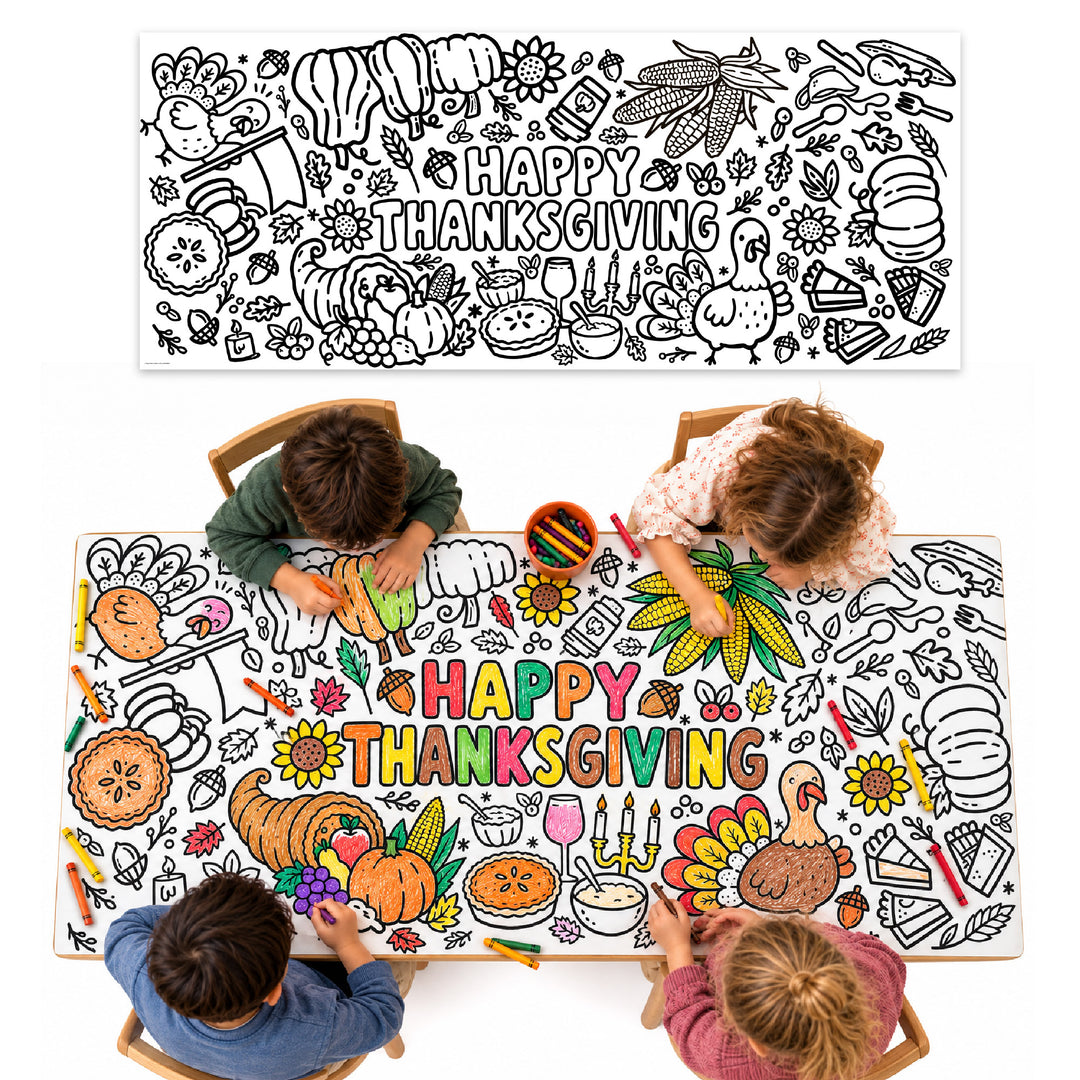 Giant Thanksgiving coloring paper roll with four children coloring turkeys, pumpkins and fall leaves at a table