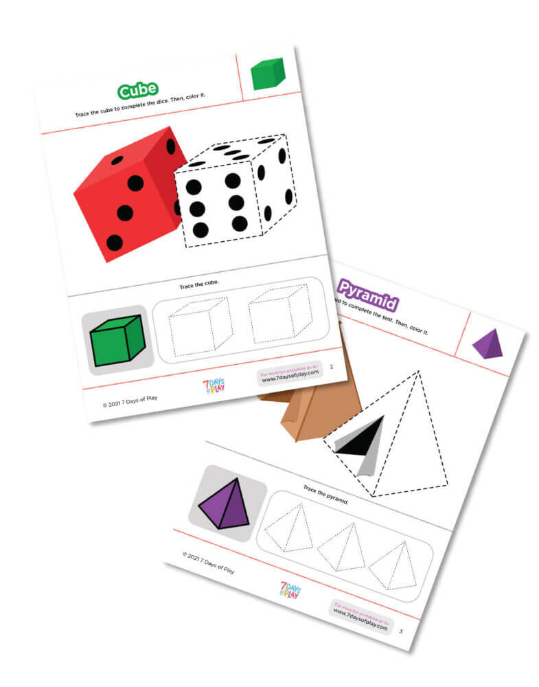 3D shape learning printable worksheets early math