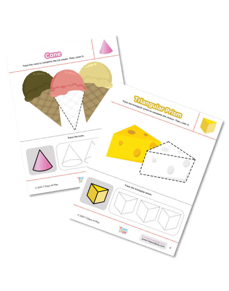 3D shape learning printable worksheets early math