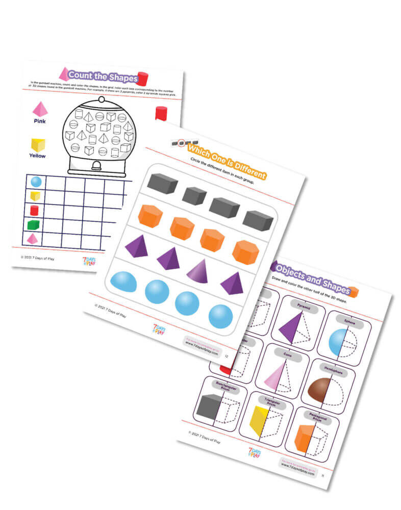 3D shape learning printable worksheets early math