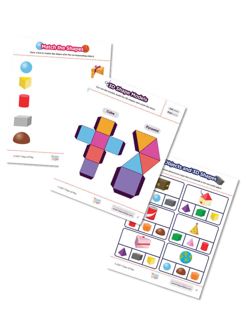 3D shape learning printable worksheets early math