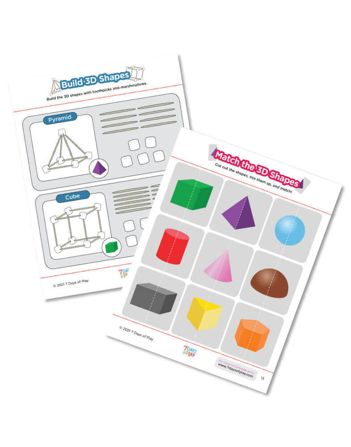 3D shape learning printable worksheets early math