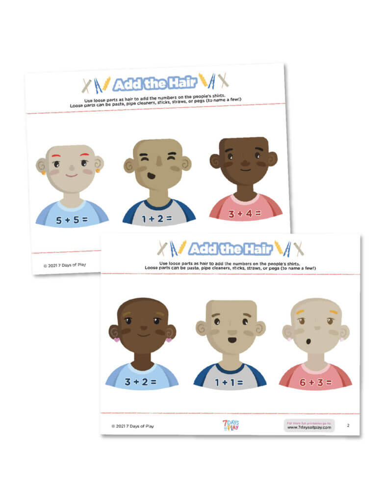 free printable math activity for preschool add the hair