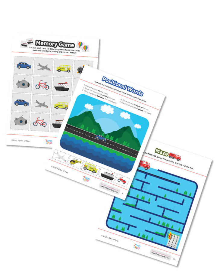 transportation printable worksheet kids cars trains planes boats