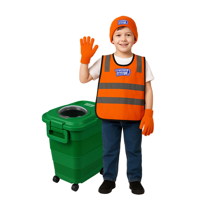 Child wearing the 7 Days of Play Trash Collector costume set with orange safety vest, hat, gloves, and green toy trash bin.