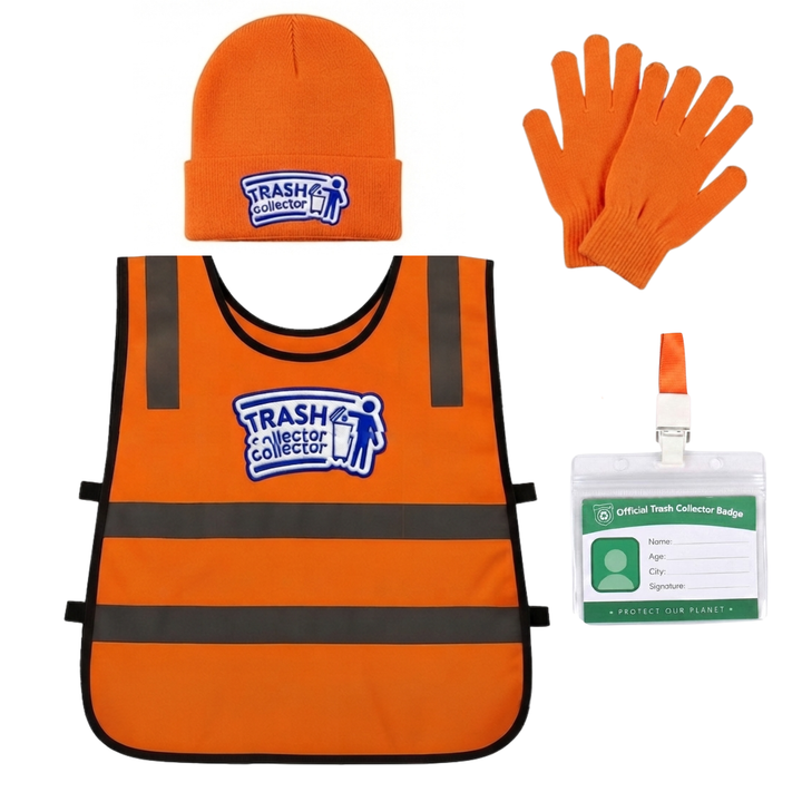 Trash Collector Costume – Pretend Play Set for Kids Ages 2–6 Years – Includes Vest, Hat, Gloves & ID Card | Halloween & Christmas Gift for Boys and Girls.