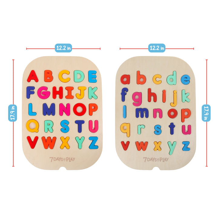Size chart for the large inserts: uppercase and lowercase alphabet puzzles, each 12.2 inches by 17.9 inches