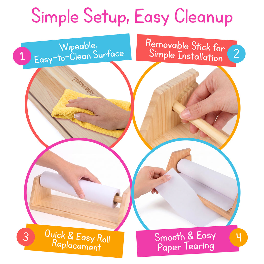 Art paper roll dispenser features: wipeable surface, removable rod, quick paper changes and a smooth tear edge