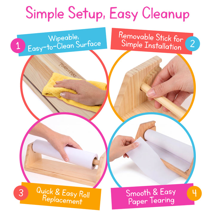 Art paper roll dispenser features: wipeable surface, removable rod, quick paper changes and a smooth tear edge